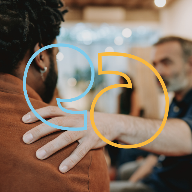 A photo of man putting his hand on another man's shoulder in support. The Healthwatch Kingston Quote mark visual icons are overlaid.