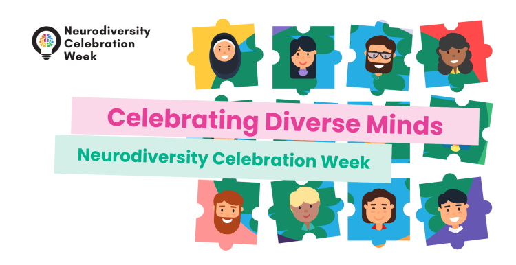 Graphic illustrations of different people on jigsaw puzzles that fit together. Overlaid text reads 'Celebrating diverse minds: neurodiversity celebration week'