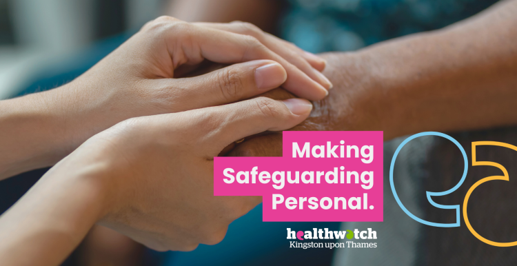 A photo of someone holding another's hand in support. Text reads 'making safeguarding personal.'