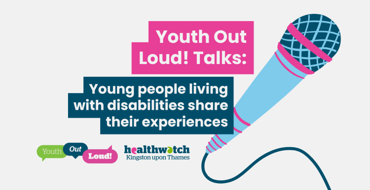 An illustration of a microphone in bold colours with text that reads 'Youth Out Loud! Talks: Young people living with disabilties share their experiences'