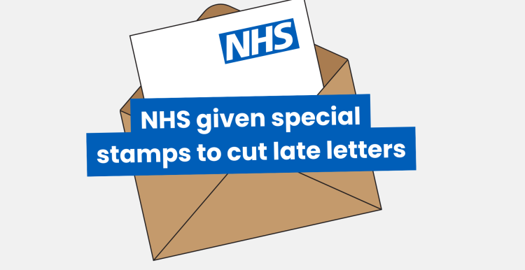 an illustration of an envelope with an NHS letter, text reads 'NHS given special stamps to cut late letters'