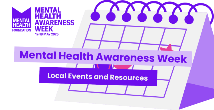 A purple toned illustration of a calendar with text that reads 'mental health awareness week: local events and resources'.