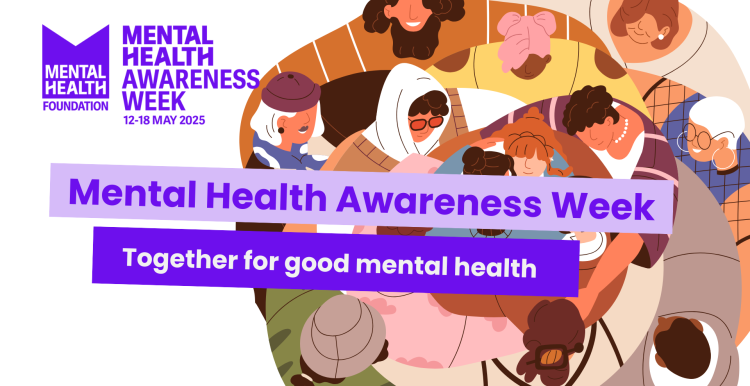 An illustration of a group of people in a circle, text reads 'mental health awareness week: together for good mental health'