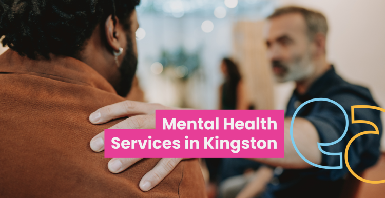 A man puts his hand on another man's shoulder in support. Text reads 'mental health services in Kingston'