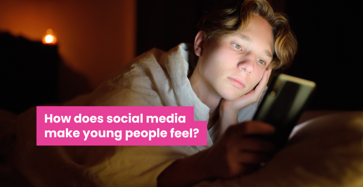 A photo of a young teenager on his phone in his bedroom. Text says 'how does social media make young people feel?'