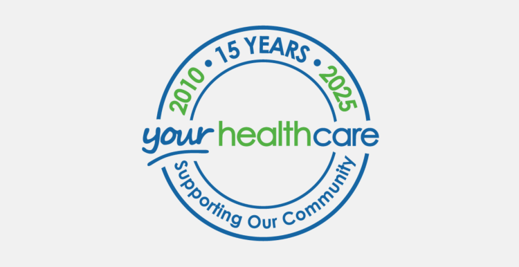 A logo celebrating 15 years of your healthcare