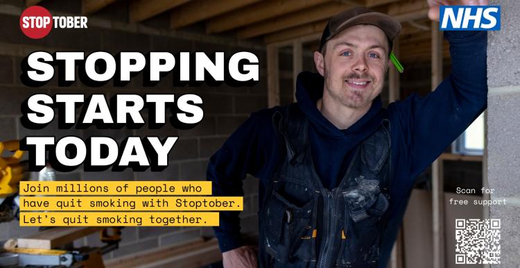 A photo of a man in a construction site, he leans against a wall smiling. Bold text reads 'stopping starts today'