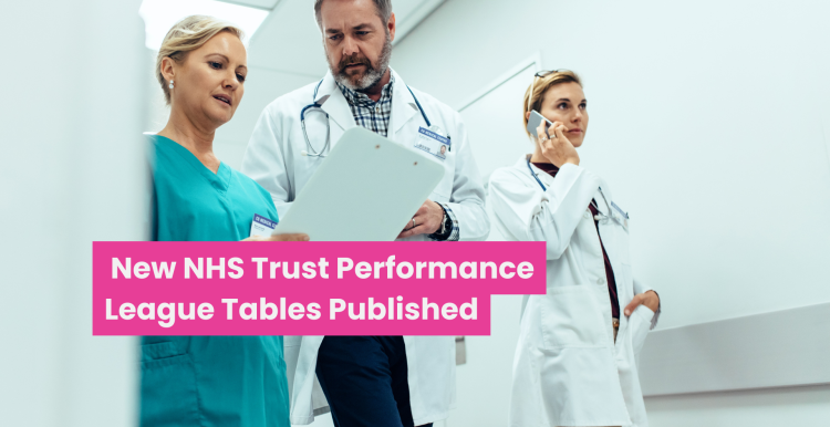 A photo of doctors with text that reads 'new NHS trust performance league tables published'