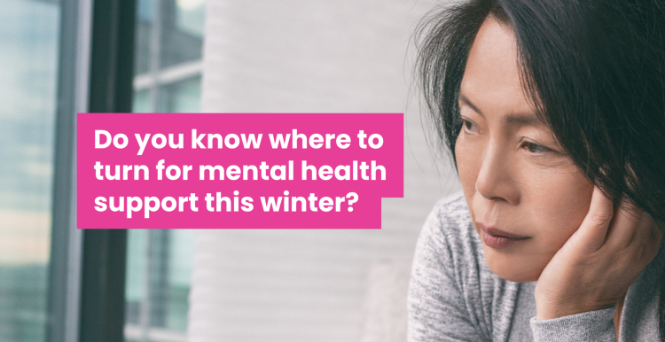 A photo of a woman looking forlorn with her head in her hand. Text reads 'do you know where to turn for mental health support this winter?'