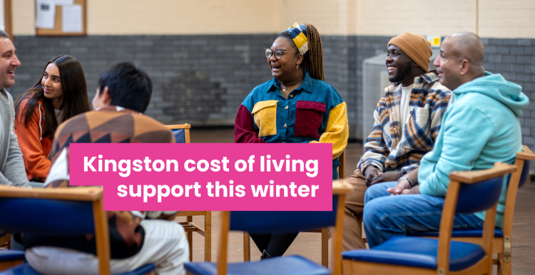A photo of a group of people in a community space. Text reads 'Kingston cost of living support this winter'