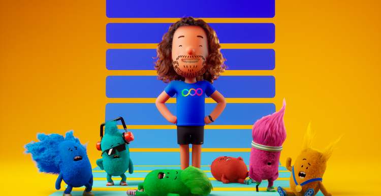 A still image from Joe Wick's Activators, showing an animated avatar of Joe Wicks surrounded by brightly coloured creatures showing exaggerated fatigue after exercising