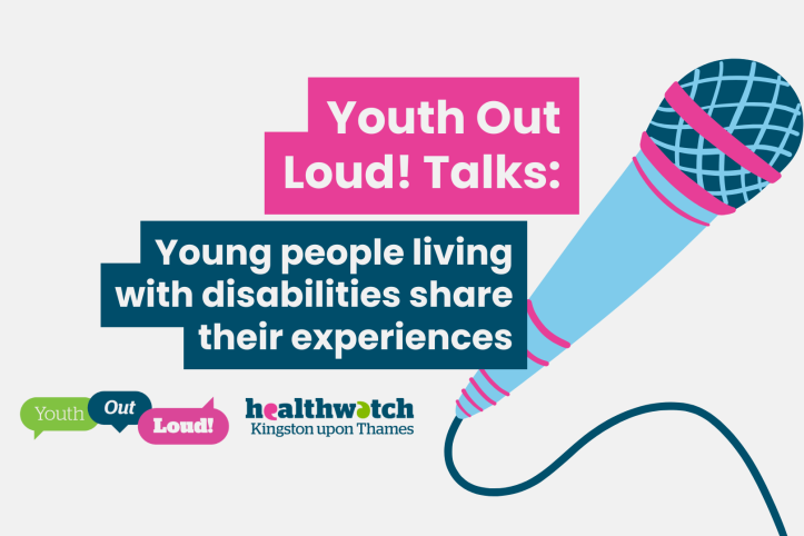 An illustration of a microphone in bold colours with text that reads 'Youth Out Loud! Talks: Young people living with disabilties share their experiences'