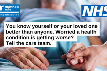 a photo of someone in a hospital bed as a loved one holds their hand. Text reads 'you know yourself or your loved one better than anyone. Worried a health condition is getting worse? Tell the care team.'