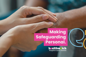 A photo of someone holding another's hand in support. Text reads 'making safeguarding personal.'