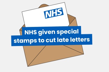 an illustration of an envelope with an NHS letter, text reads 'NHS given special stamps to cut late letters'