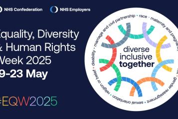 A graphic from the NHS confederation and NHS employers for Equality, Diveristy & Human Rights Week 2025, 19-23 May, a logo shows overlapping threads in different colours