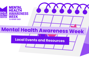 A purple toned illustration of a calendar with text that reads 'mental health awareness week: local events and resources'.
