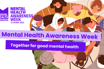 An illustration of a group of people in a circle, text reads 'mental health awareness week: together for good mental health'
