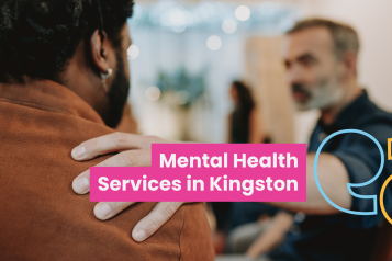 A man puts his hand on another man's shoulder in support. Text reads 'mental health services in Kingston'