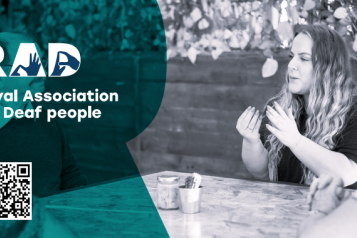 A graphic from the Royal Association for Deaf people with a photo of people sat around a table signing to each other.