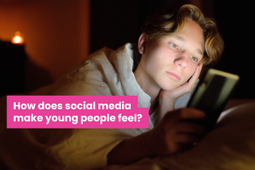 A photo of a young teenager on his phone in his bedroom. Text says 'how does social media make young people feel?'