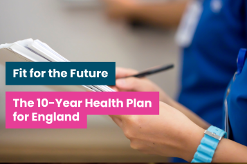 A photo of a doctor looking at documents. Text says 'Fit for the future: the 10-year health plan for england'