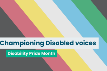 The Disability Pride flag with text that reads 'Championing Disabled voices: Disability Pride Month'
