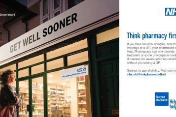 A photo of a woman outside of a pharmacy. The pharmacy sign says 'get well sooner'. To the right a caption reads, 'think pharmacy first: if you have sinusitis, shingles, sore throat, impetigo or a UTI, your pharmacist can help. Pharmacists can now provide treatment or some prescription medicine if needed, for seven common conditions, without you seeing a GP.'