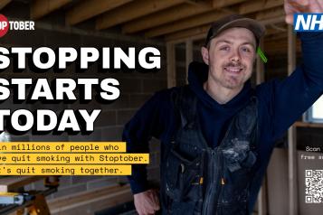 A photo of a man in a construction site, he leans against a wall smiling. Bold text reads 'stopping starts today'