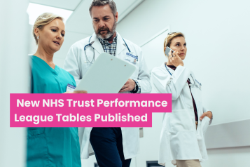 A photo of doctors with text that reads 'new NHS trust performance league tables published'