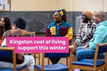 A photo of a group of people in a community space. Text reads 'Kingston cost of living support this winter'