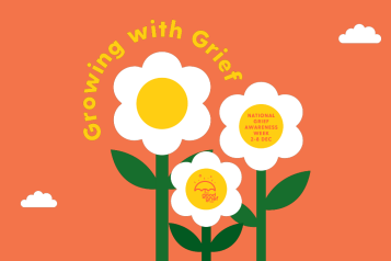 An illustration of three white flowers on an orange backgroud. Around one of the flowers text reads ‘Growing with Grief’ in the centre of another flower text reads ‘National Grief Awareness Week 2-8 Dec’ 