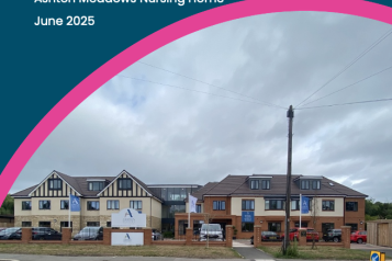 The front cover of the Ashton Meadows Enter & View report - the photo shows a large building with signage for Ashton Meadows