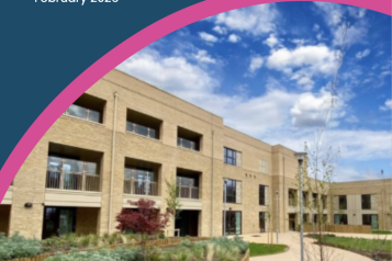 The front cover of the Surbitonian Gardens Care home Report. The cover shows an image of a large modern building with raised beds in the front.