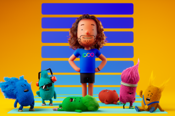 A still image from Joe Wick's Activators, showing an animated avatar of Joe Wicks surrounded by brightly coloured creatures showing exaggerated fatigue after exercising