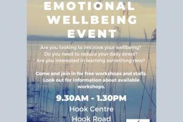 Poster of Emotional Wellbeing event at Hook Centre