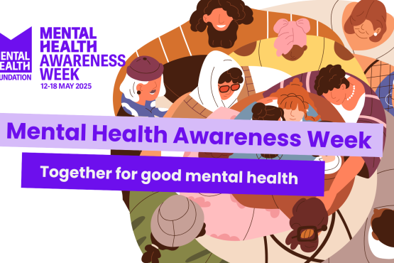 An illustration of a group of people in a circle, text reads 'mental health awareness week: together for good mental health'