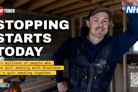 A photo of a man in a construction site, he leans against a wall smiling. Bold text reads 'stopping starts today'