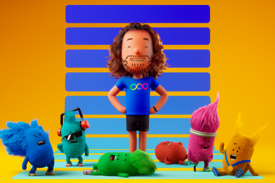 A still image from Joe Wick's Activators, showing an animated avatar of Joe Wicks surrounded by brightly coloured creatures showing exaggerated fatigue after exercising