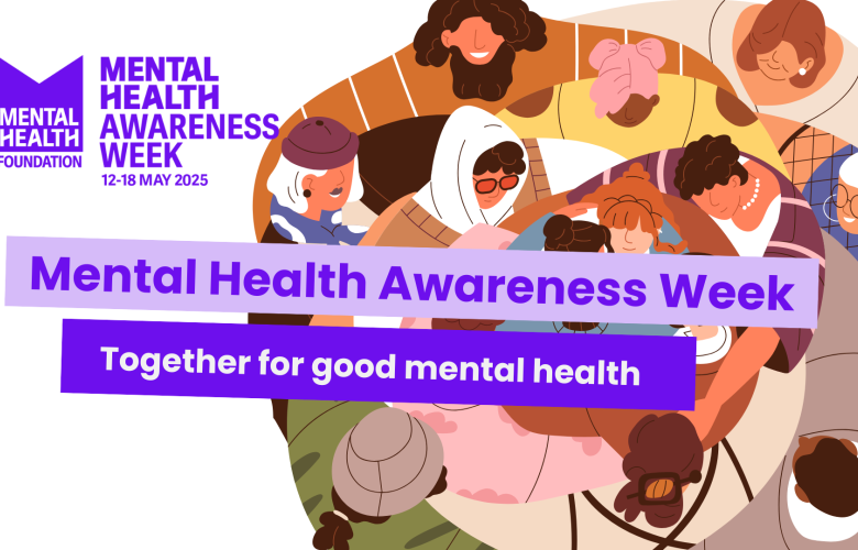 An illustration of a group of people in a circle, text reads 'mental health awareness week: together for good mental health'