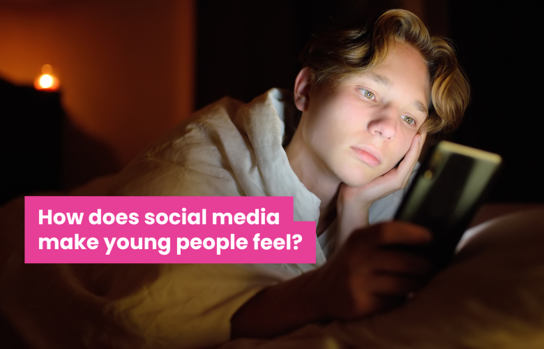 A photo of a young teenager on his phone in his bedroom. Text says 'how does social media make young people feel?'