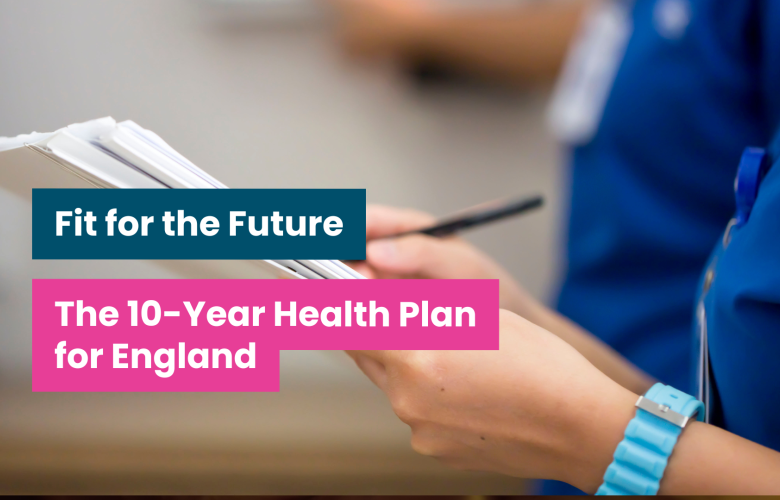 A photo of a doctor looking at documents. Text says 'Fit for the future: the 10-year health plan for england'