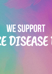 A purple and pink graphic with text that reads 'we support rare disease day 28th Feb 2025. learn more on rarediseaseday.org'