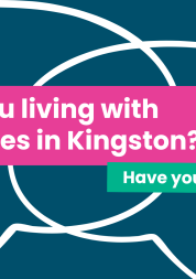 A blue graphic with text that reads 'are you living with diabetes in Kingston? have your say' with sketches of speech bubbles