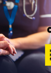 A photo of a person in a medical uniform holding someones hand in support. Features the Change NHS logo and text that reads 'help build a health service fit for the future'