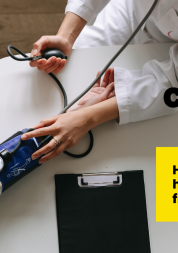 A photo of a young person getting their blood pressure taken. There is the Change NHS logo and text that reads 'help build a health service fit for the future'