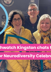 A photo of a group of smiling people. Text reads 'Healthwatch Kingston chats to Mario for Neurodiversity Celebration Week'