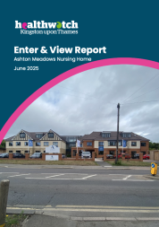 The front cover of the Ashton Meadows Enter & View report - the photo shows a large building with signage for Ashton Meadows