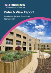 The front cover of the Surbitonian Gardens Care home Report. The cover shows an image of a large modern building with raised beds in the front.
